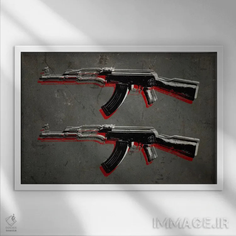 تابلو تفنگ تهاجمی کلاشینکف AK47 اثر مایکل تامپست - نمای قابدار سفید