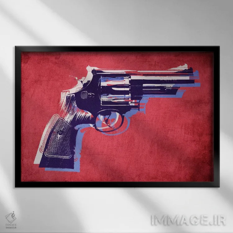 تابلو هفتتیر مگنوم روی زمینه قرمز اثر مایکل تامپست - نمای قابدار مشکی