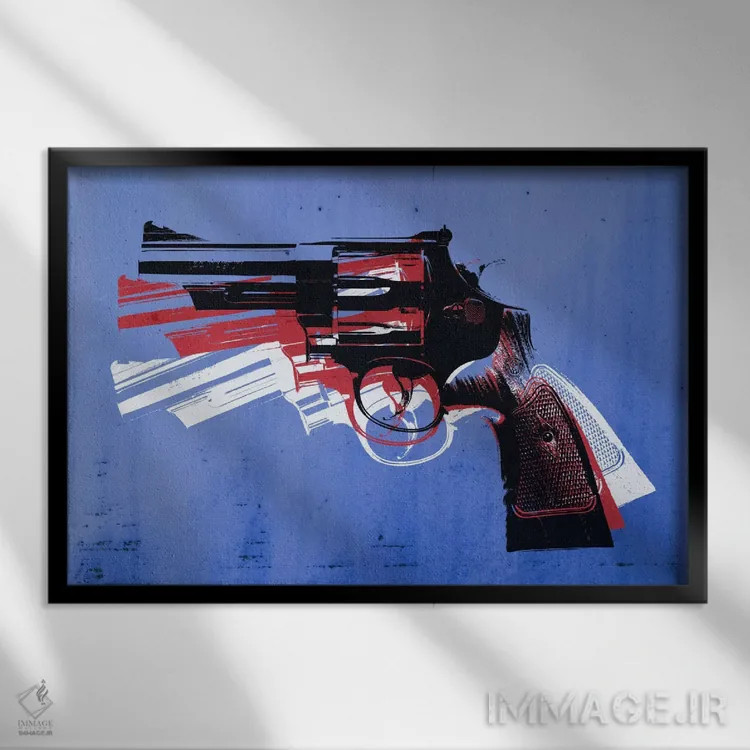 تابلو هفتتیر مگنوم روی زمینه آبی اثر مایکل تامپست - نمای قابدار مشکی