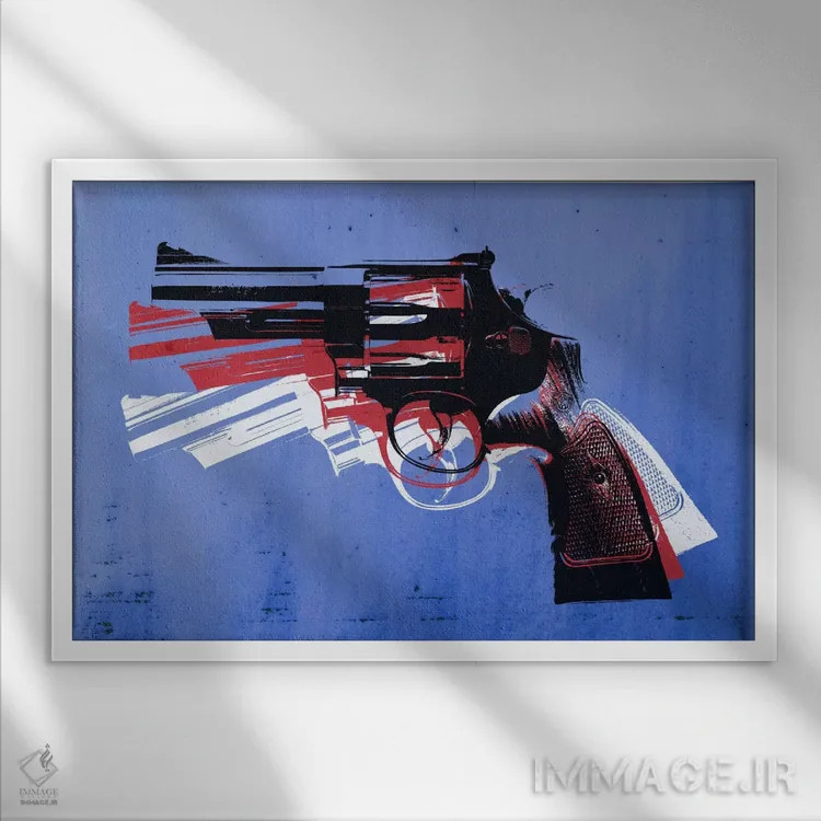 تابلو هفتتیر مگنوم روی زمینه آبی اثر مایکل تامپست - نمای قابدار سفید