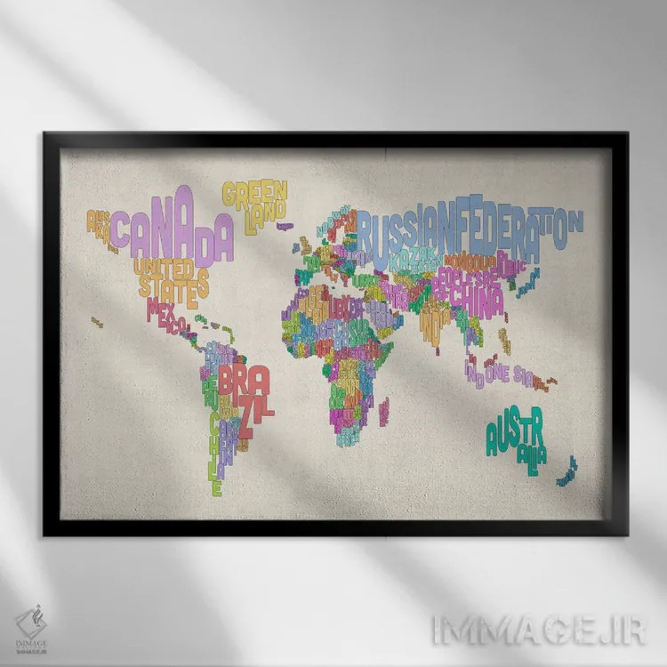 تابلو نقشهٔ تایپوگرافی جهان اثر مایکل تامپست - نمای قابدار مشکی