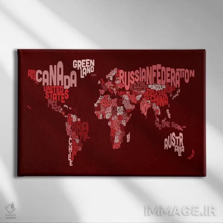 تابلو نقشهٔ تایپوگرافی جهان ۳ (قرمز) اثر مایکل تامپست - نمای روبهرو روی دیوار