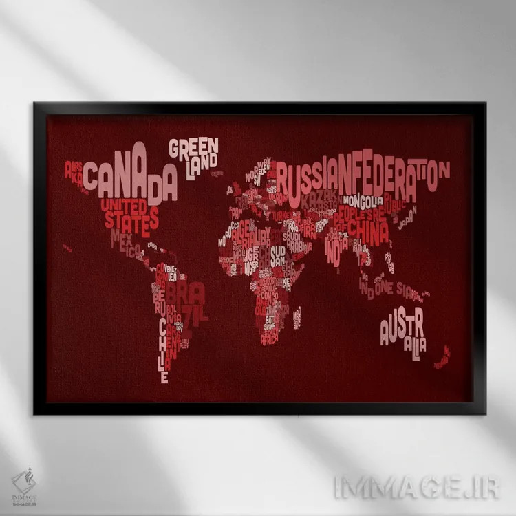 تابلو نقشهٔ تایپوگرافی جهان ۳ (قرمز) اثر مایکل تامپست - نمای قابدار مشکی