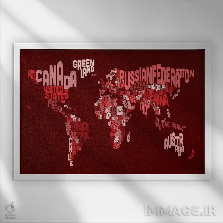تابلو نقشهٔ تایپوگرافی جهان ۳ (قرمز) اثر مایکل تامپست - نمای قابدار سفید
