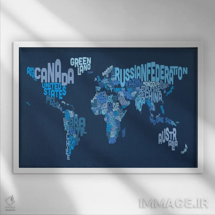 تابلو نقشهٔ تایپوگرافی جهان ۴ (آبی) اثر مایکل تامپست - نمای قابدار سفید