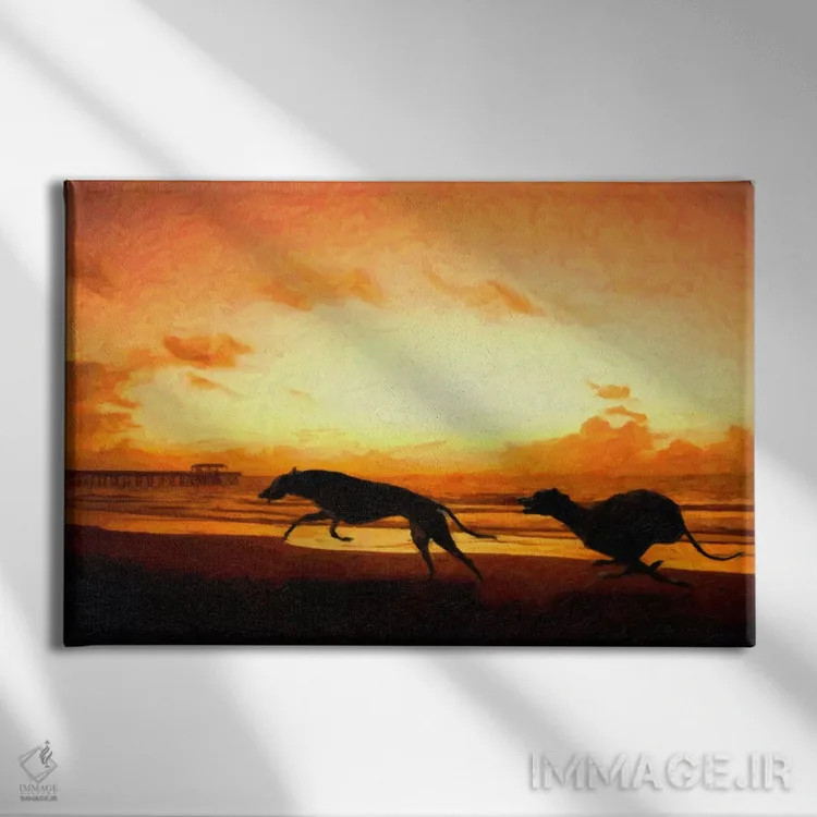 تابلو سگهای گریهاوند در ساحل هنگام غروب اثر مایکل تامپست - نمای روبهرو روی دیوار