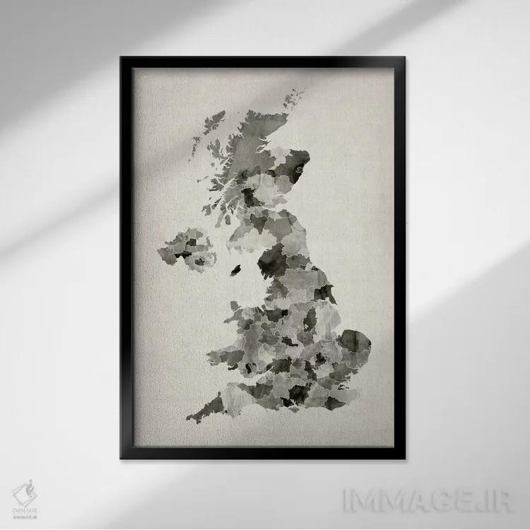 تابلو نقشهٔ بریتانیا با آبرنگ اثر مایکل تامپست - نمای قابدار مشکی