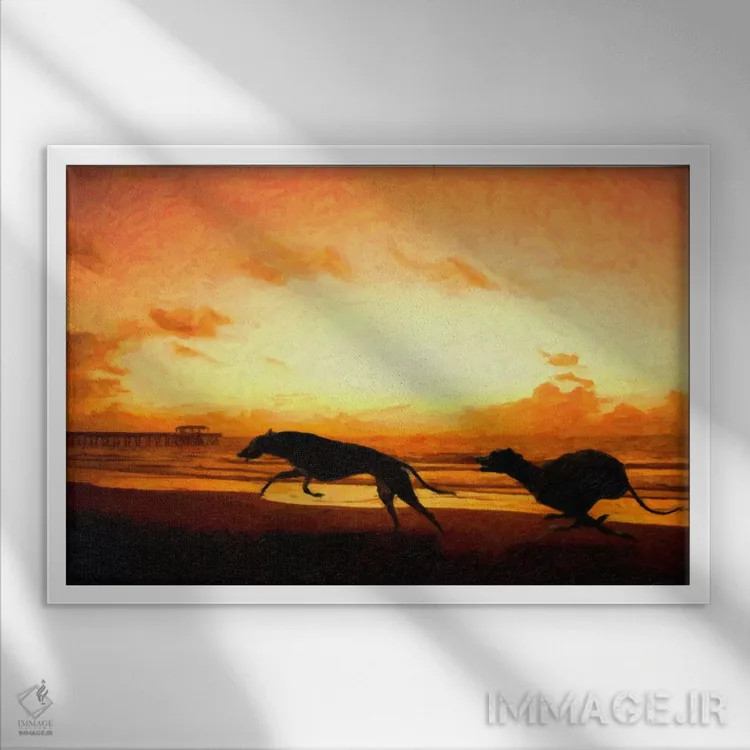تابلو سگهای گریهاوند در ساحل هنگام غروب اثر مایکل تامپست - نمای قابدار سفید