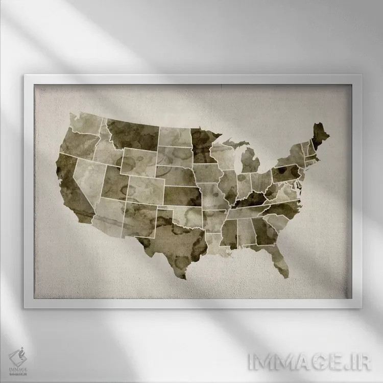 تابلو نقشهٔ ایالات متحده با آبرنگ ۲ اثر مایکل تامپست - نمای قابدار سفید