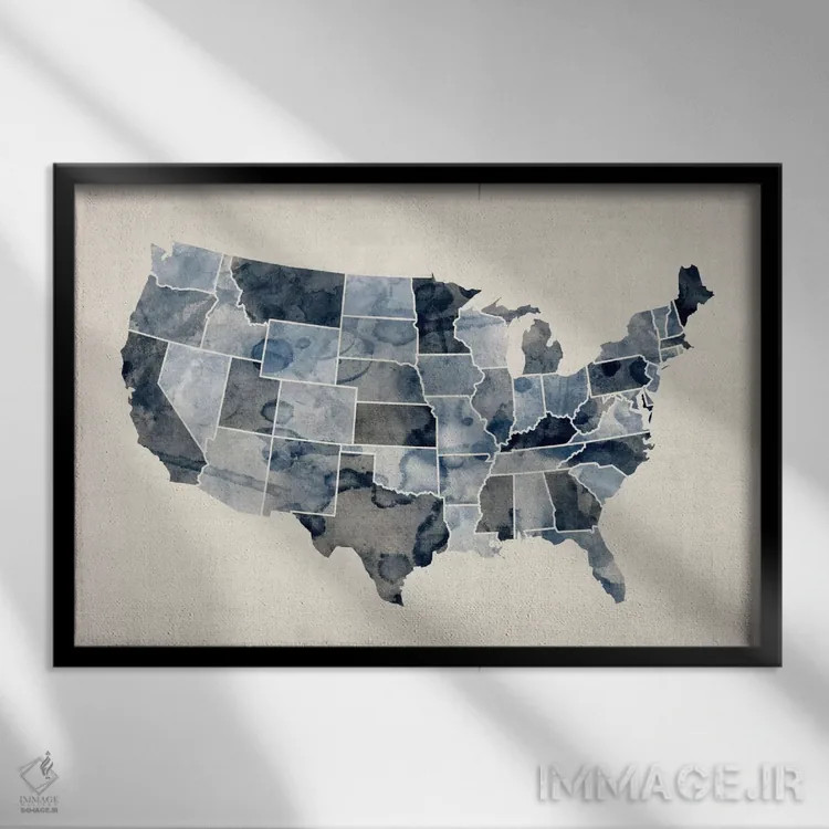 تابلو نقشهٔ ایالات متحده با آبرنگ ۳ اثر مایکل تامپست - نمای قابدار مشکی