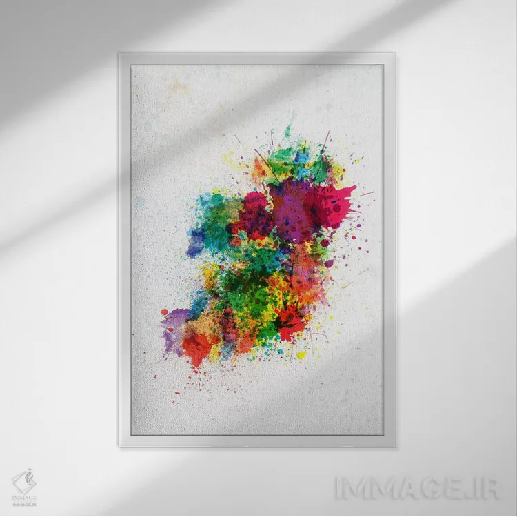 تابلو نقشهٔ ایرلند با پاشش رنگ اثر مایکل تامپست - نمای قابدار سفید