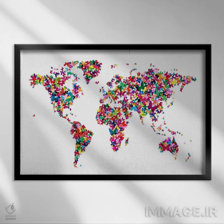 تابلو نقشهٔ جهان با پروانهها اثر مایکل تامپست - نمای قابدار مشکی
