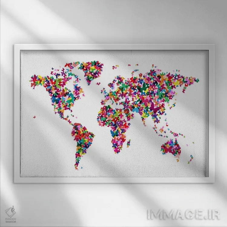 تابلو نقشهٔ جهان با پروانهها اثر مایکل تامپست - نمای قابدار سفید