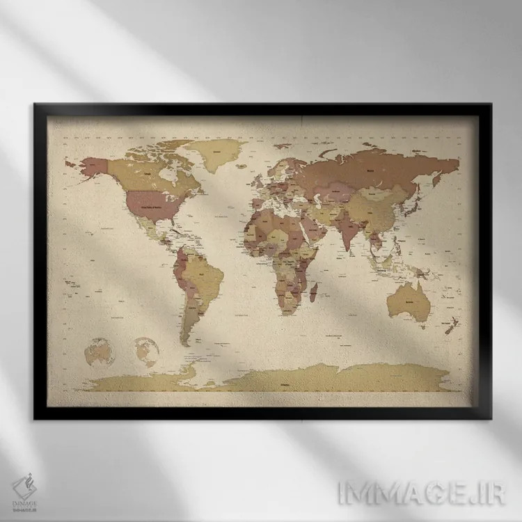 تابلو نقشهٔ جهان ۵ اثر مایکل تامپست - نمای قابدار مشکی