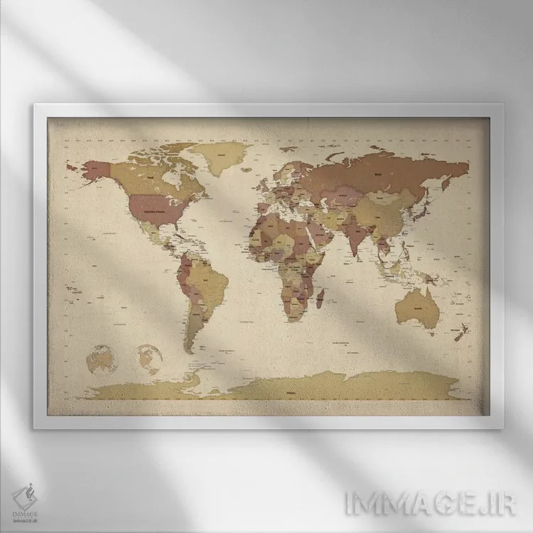 تابلو نقشهٔ جهان ۵ اثر مایکل تامپست - نمای قابدار سفید