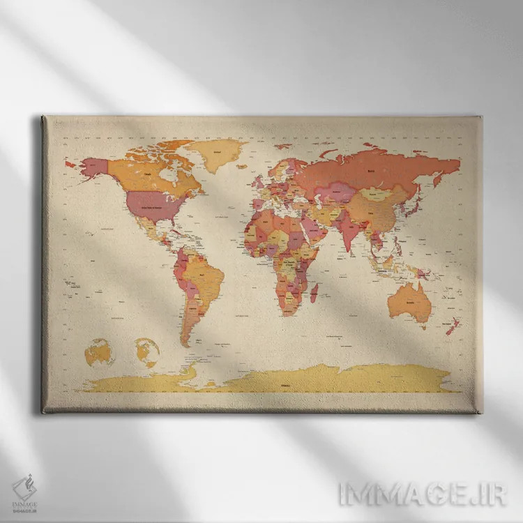 تابلو نقشهٔ جهان ۷ اثر مایکل تامپست - نمای روبهرو روی دیوار