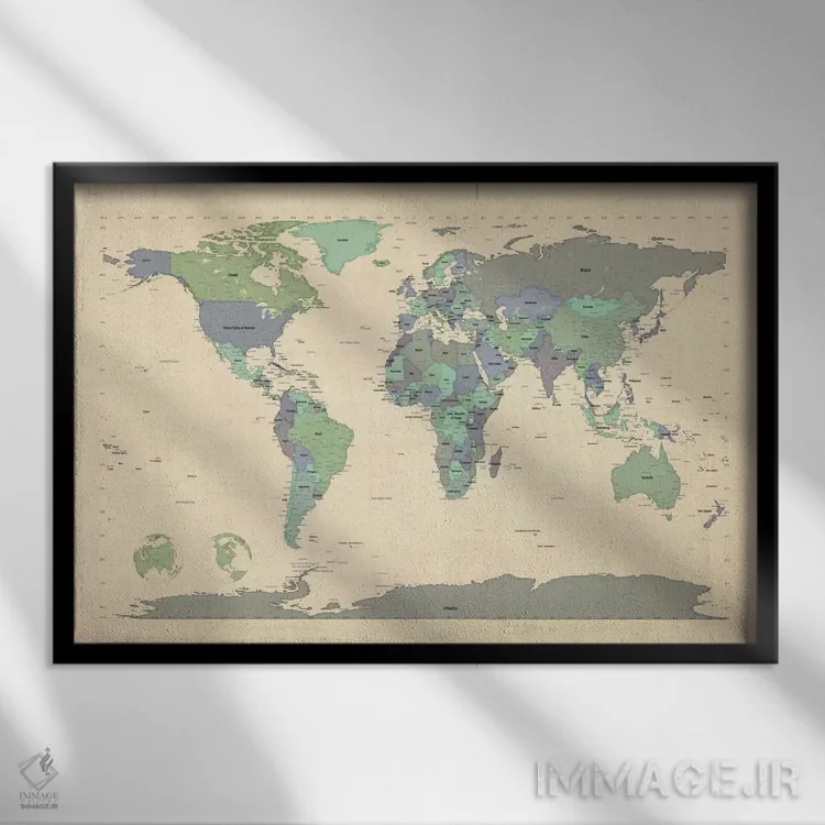 تابلو نقشهٔ جهان ۶ اثر مایکل تامپست - نمای قابدار مشکی