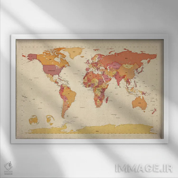 تابلو نقشهٔ جهان ۷ اثر مایکل تامپست - نمای قابدار سفید