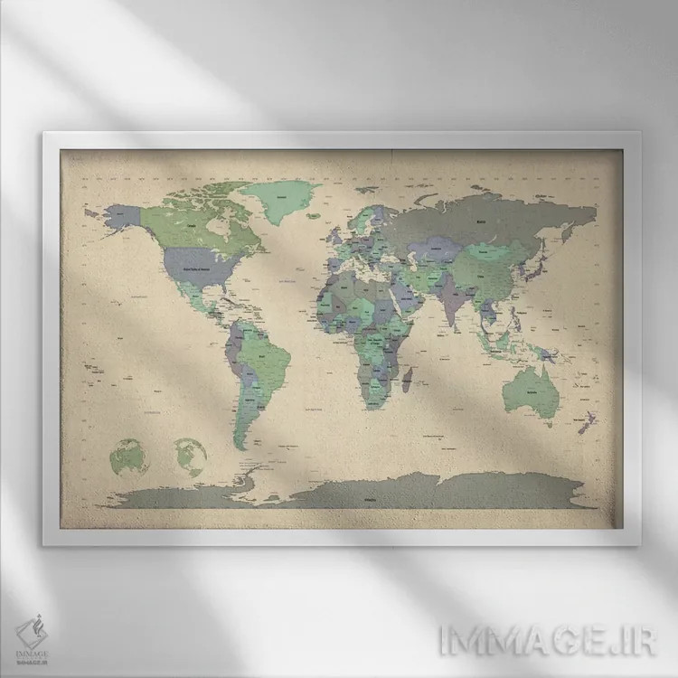 تابلو نقشهٔ جهان ۶ اثر مایکل تامپست - نمای قابدار سفید