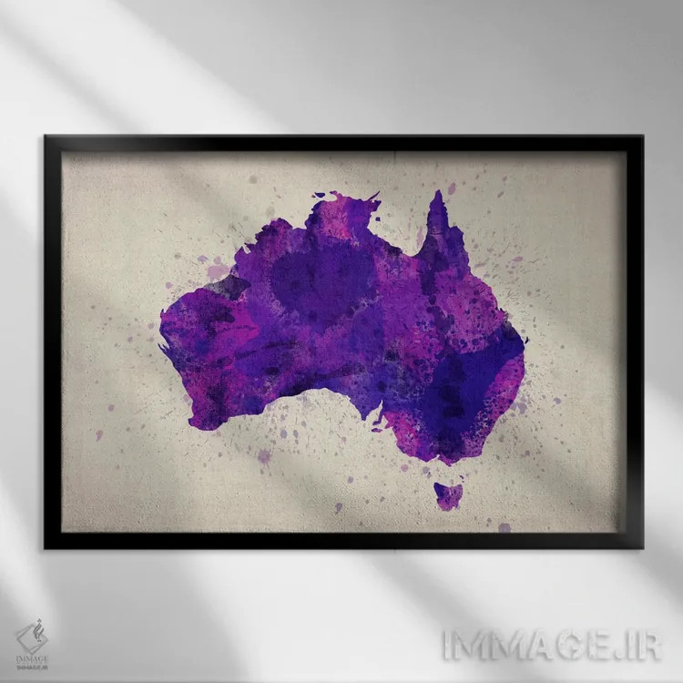 تابلو نقشهٔ استرالیا (بنفش؛ پاشش رنگ) اثر مایکل تامپست - نمای قابدار مشکی