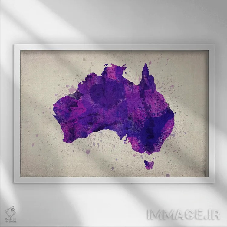 تابلو نقشهٔ استرالیا (بنفش؛ پاشش رنگ) اثر مایکل تامپست - نمای قابدار سفید