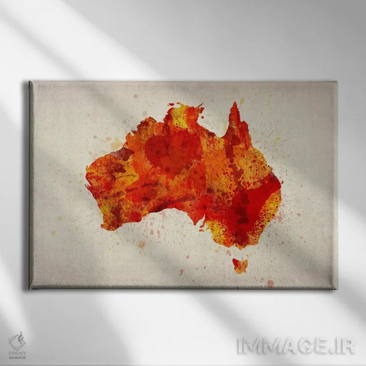 تابلو نقشهٔ استرالیا (قرمز؛ پاشش رنگ) اثر مایکل تامپست - نمای روبهرو روی دیوار