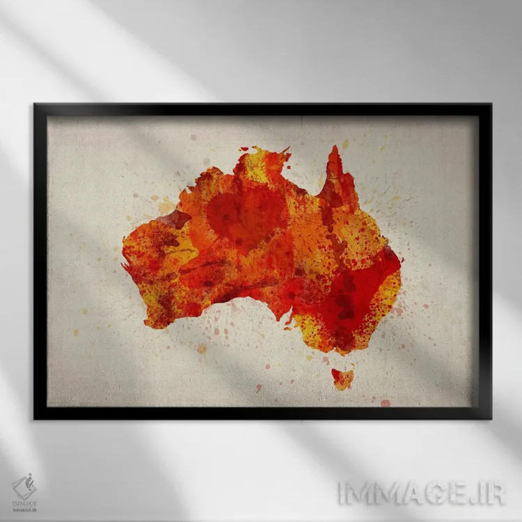 تابلو نقشهٔ استرالیا (قرمز؛ پاشش رنگ) اثر مایکل تامپست - نمای قابدار مشکی