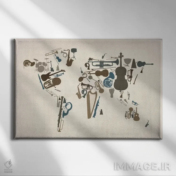 تابلو نقشهٔ جهان با سازهای موسیقی اثر مایکل تامپست - نمای روبهرو روی دیوار