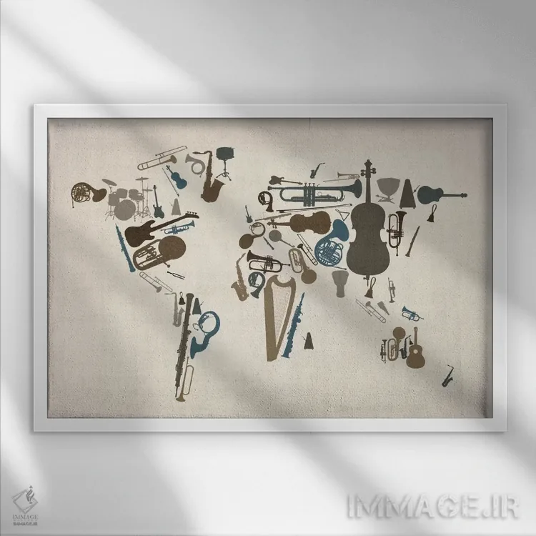 تابلو نقشهٔ جهان با سازهای موسیقی اثر مایکل تامپست - نمای قابدار سفید