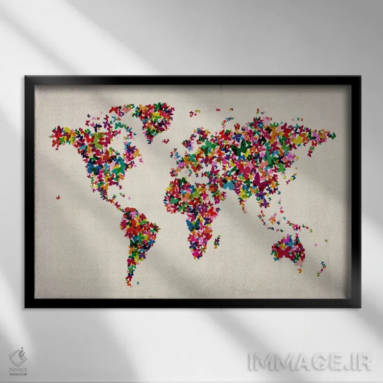 تابلو نقشهٔ جهان با پروانهها ۲ اثر مایکل تامپست - نمای قابدار مشکی