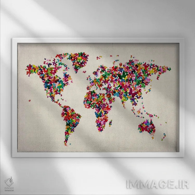 تابلو نقشهٔ جهان با پروانهها ۲ اثر مایکل تامپست - نمای قابدار سفید