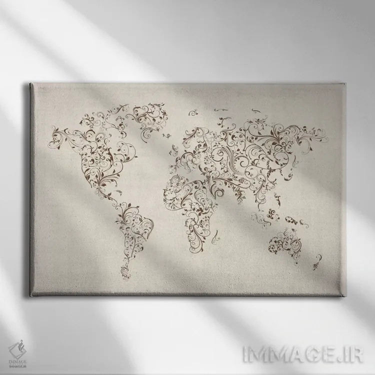تابلو نقشهٔ جهان با پیچش گلها اثر مایکل تامپست - نمای روبهرو روی دیوار