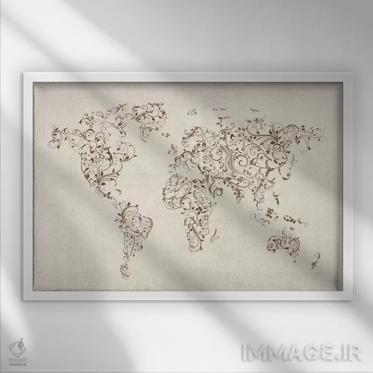 تابلو نقشهٔ جهان با پیچش گلها اثر مایکل تامپست - نمای قابدار سفید