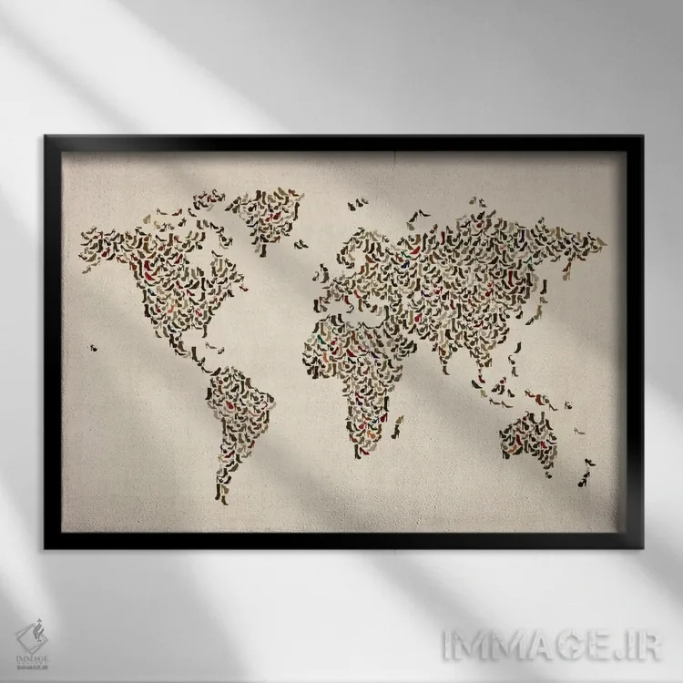 تابلو نقشهٔ جهان با کفشهای زنانه (بوت) اثر مایکل تامپست - نمای قابدار مشکی