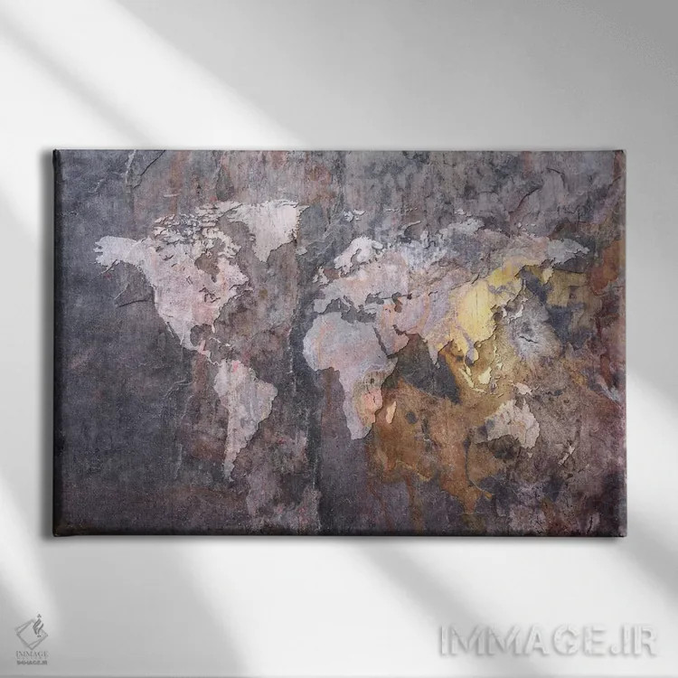 تابلو نقشهٔ جهان بر زمینه سنگی اثر مایکل تامپست - نمای روبهرو روی دیوار