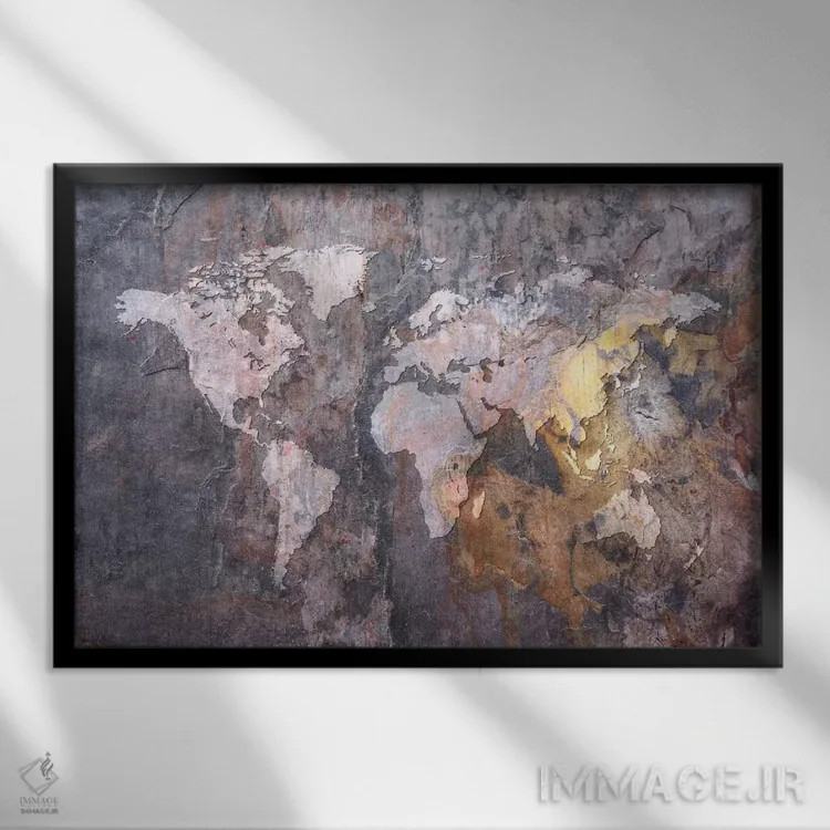 تابلو نقشهٔ جهان بر زمینه سنگی اثر مایکل تامپست - نمای قابدار مشکی