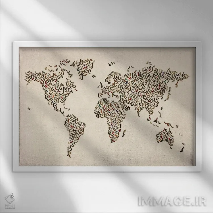 تابلو نقشهٔ جهان با کفشهای زنانه (بوت) اثر مایکل تامپست - نمای قابدار سفید