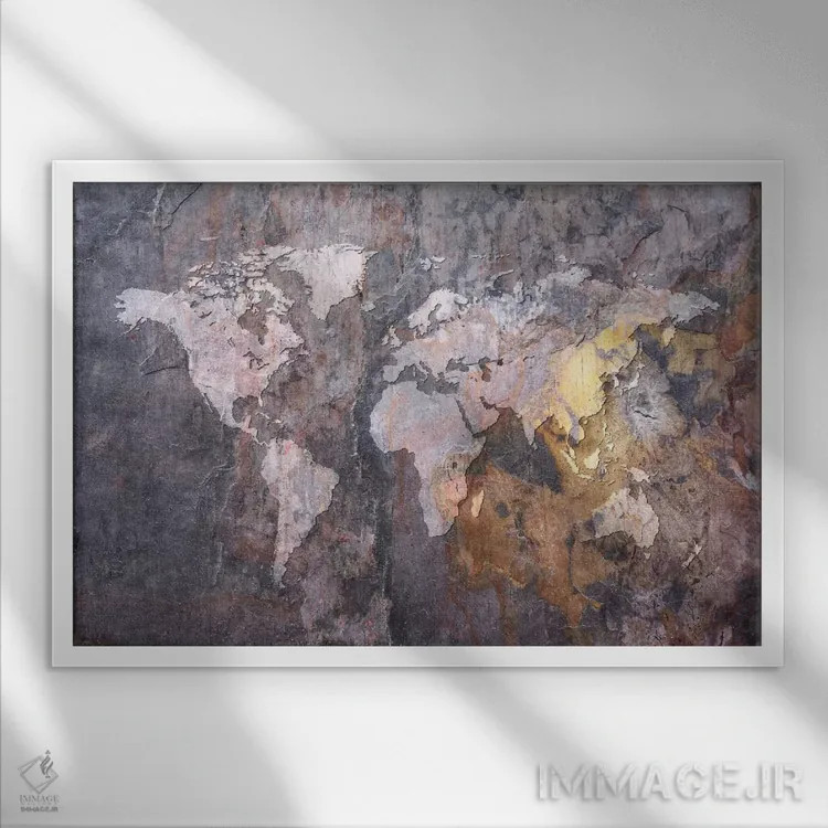 تابلو نقشهٔ جهان بر زمینه سنگی اثر مایکل تامپست - نمای قابدار سفید