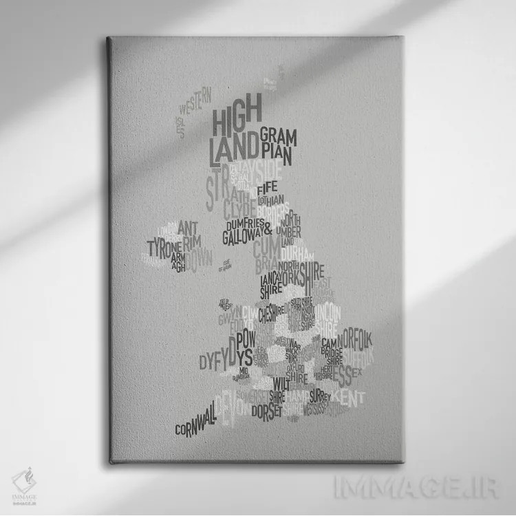 تابلو نقشهٔ متنی شهرستانهای بریتانیا اثر مایکل تامپست - نمای روبهرو روی دیوار