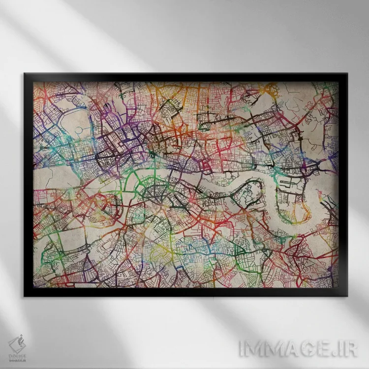 تابلو نقشهٔ لندن با آبرنگ اثر مایکل تامپست - نمای قابدار مشکی