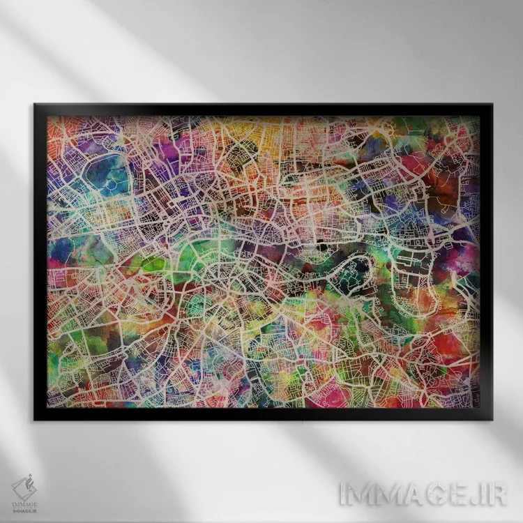 تابلو نقشهٔ لندن با آبرنگ ۲ اثر مایکل تامپست - نمای قابدار مشکی