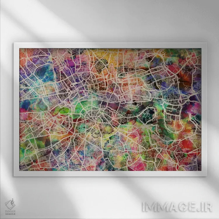 تابلو نقشهٔ لندن با آبرنگ ۲ اثر مایکل تامپست - نمای قابدار سفید