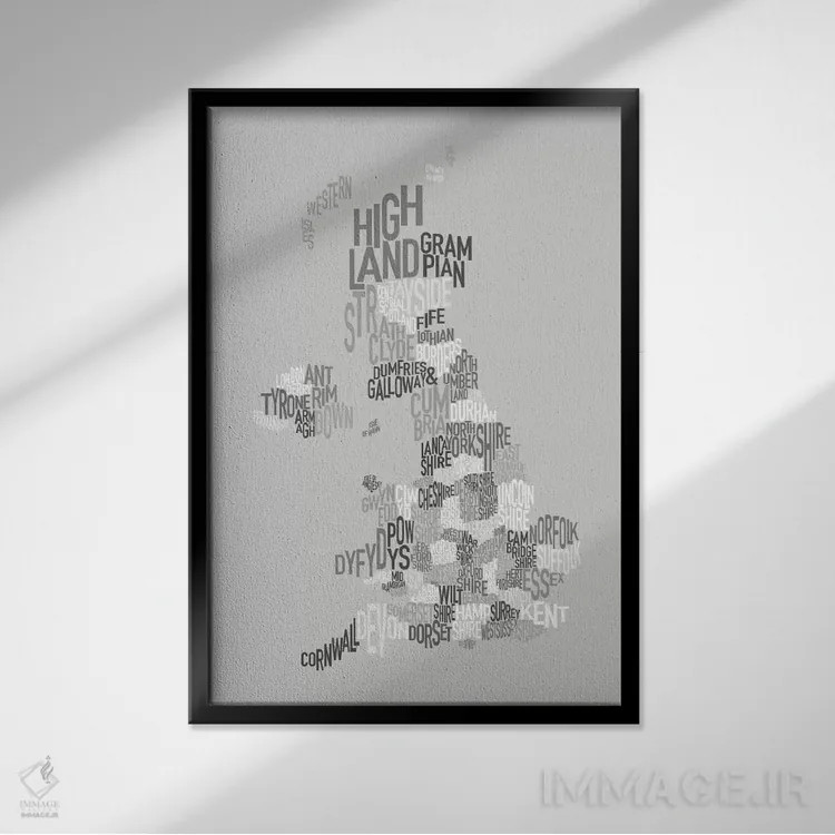 تابلو نقشهٔ متنی شهرستانهای بریتانیا اثر مایکل تامپست - نمای قابدار مشکی