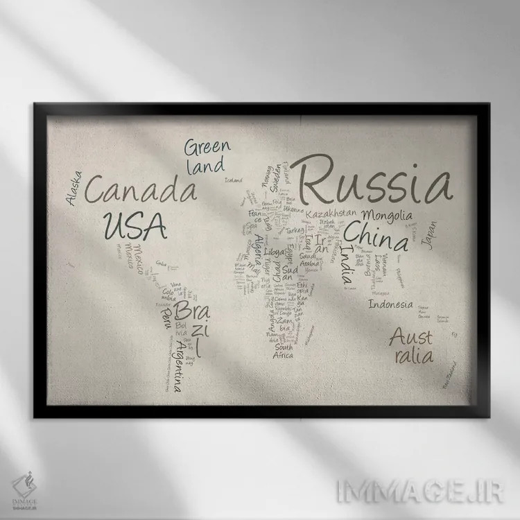 تابلو نقشهٔ جهان با کلمات ۲ اثر مایکل تامپست - نمای قابدار مشکی