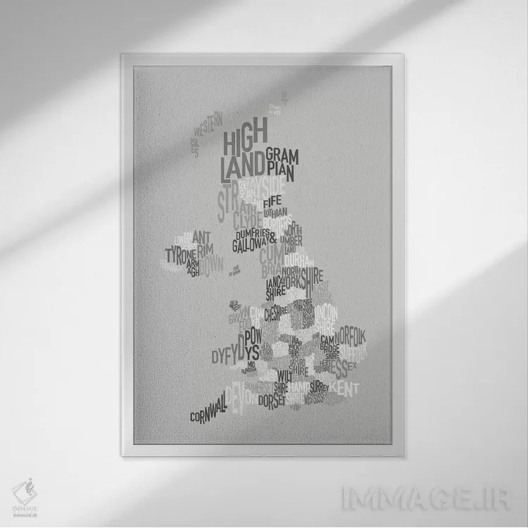 تابلو نقشهٔ متنی شهرستانهای بریتانیا اثر مایکل تامپست - نمای قابدار سفید