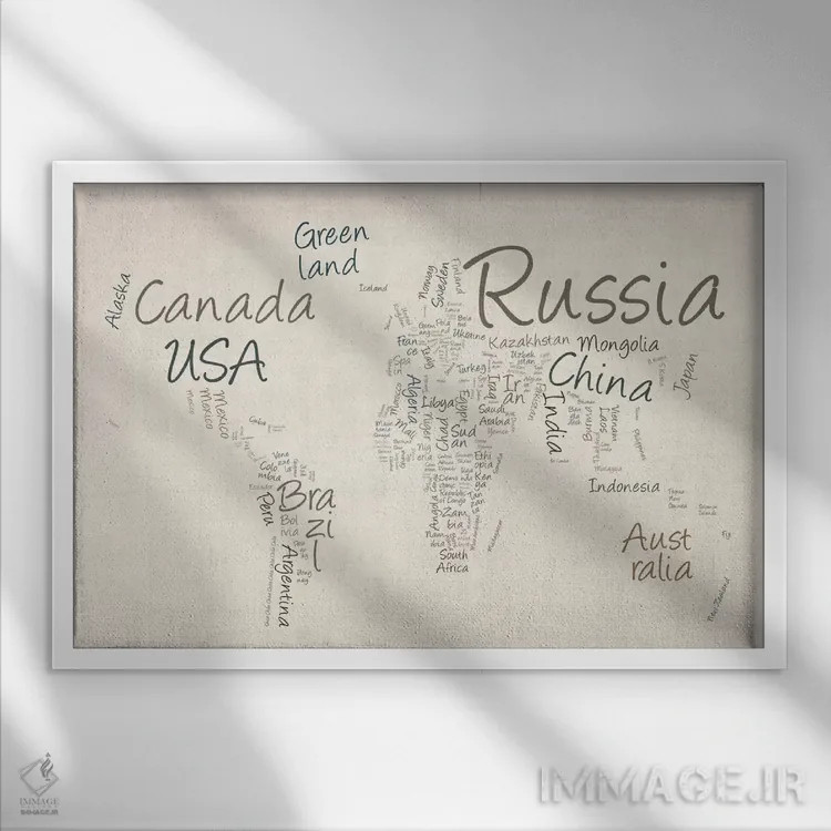 تابلو نقشهٔ جهان با کلمات ۲ اثر مایکل تامپست - نمای قابدار سفید