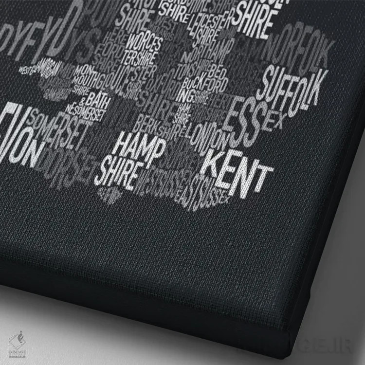 تابلو نقشهٔ متنی شهرستانهای بریتانیا ۲ اثر مایکل تامپست - نمای نزدیک بافت بوم