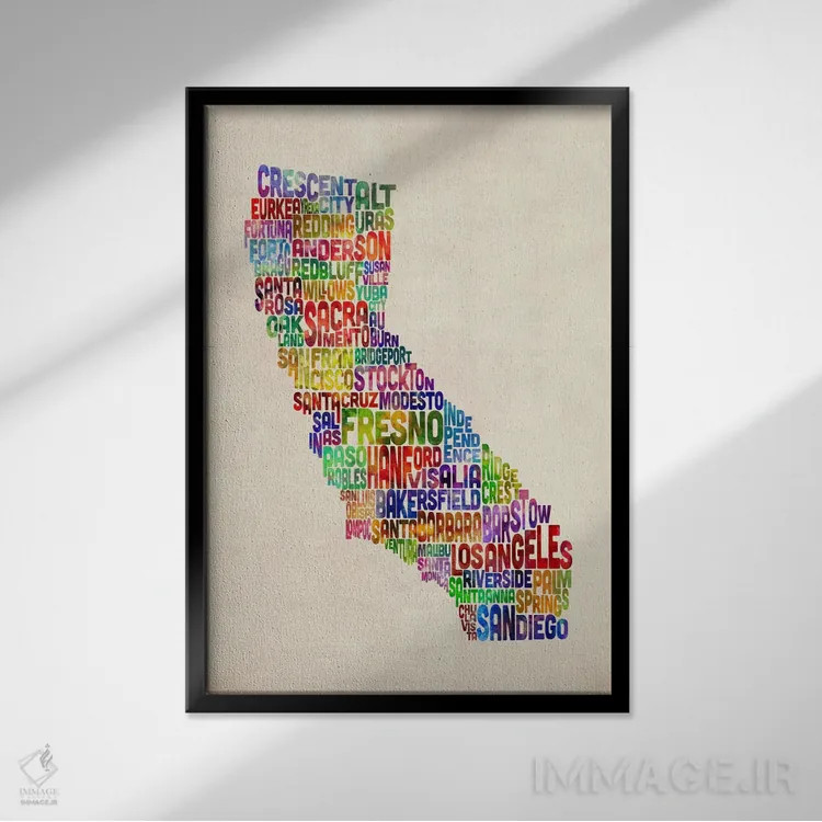 تابلو نقشهٔ تایپوگرافی کالیفرنیا اثر مایکل تامپست - نمای قابدار مشکی