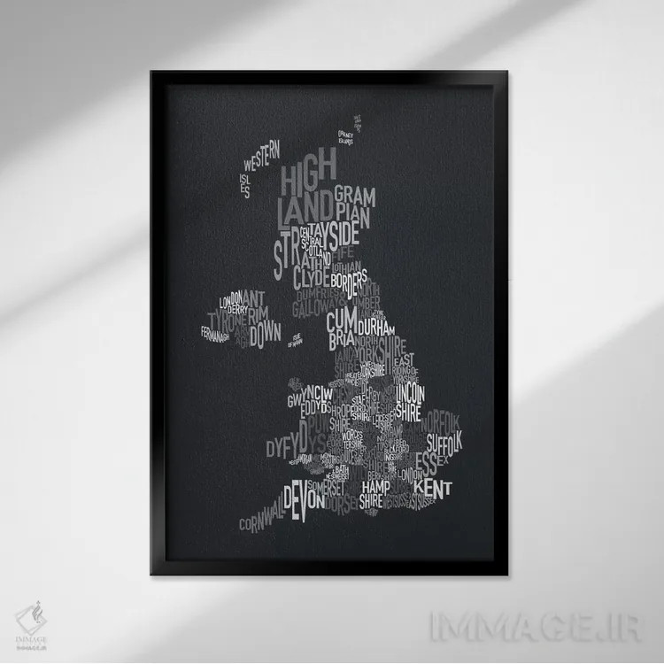 تابلو نقشهٔ متنی شهرستانهای بریتانیا ۲ اثر مایکل تامپست - نمای قابدار مشکی
