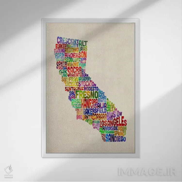 تابلو نقشهٔ تایپوگرافی کالیفرنیا اثر مایکل تامپست - نمای قابدار سفید